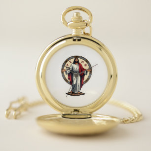 Christ Alpha Omega Engraved White Shirt Pocket Watch