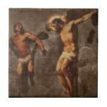 Christ and the Good Thief Ceramic Tile<br><div class="desc">Vintage fine art painting depicting thief on the cross speaking with Christ. "Remember Me in Heaven."</div>