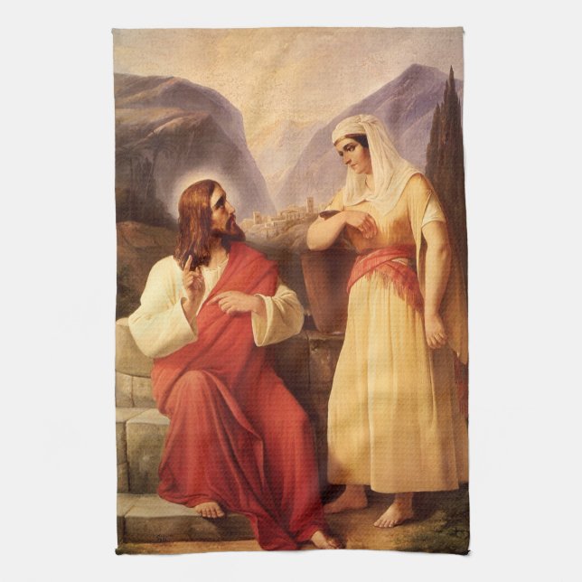 Christ and the Samaritan by Christian Schleisner Kitchen Towel (Vertical)