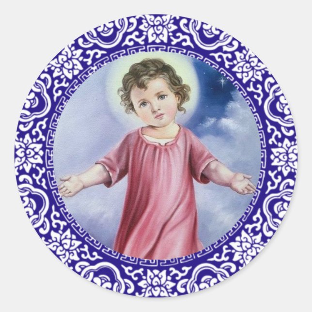 Christ Child Jesus Clouds Blue Border Classic Round Sticker (Front)