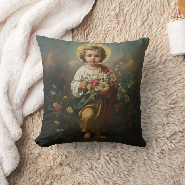 Christ Child Jesus with Flowers Religious  Throw Pillow (Blanket)