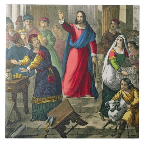Christ Cleanses the Temple from a bible printed b Tile