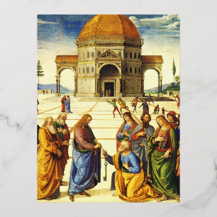 Christ Giving the Keys to Saint Peter Religious Foil Holiday Postcard