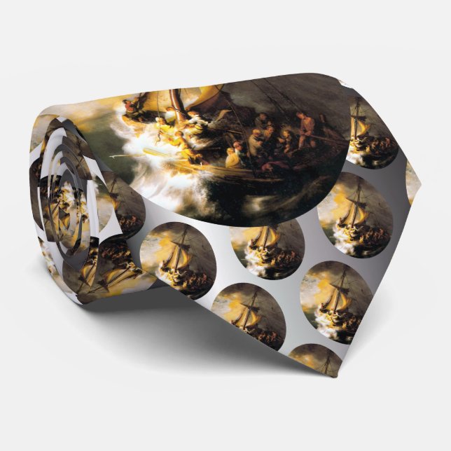 Christ in the Storm on Sea of Galilee- Rembrandt Neck Tie (Rolled)