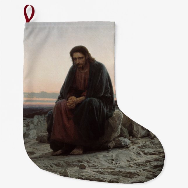 Christ in the Wilderness (by Ivan Kramskoi) Large Christmas Stocking (Front)