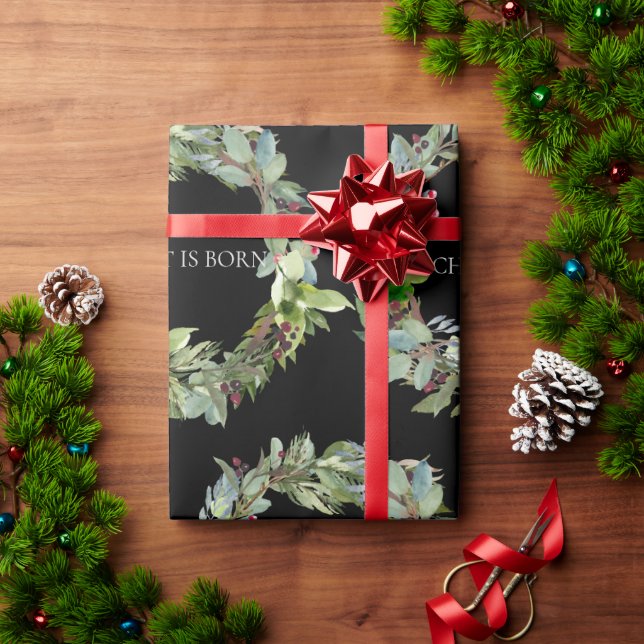 Christ is Born Black Christmas Wreath Wrapping Paper (Holiday Gift)