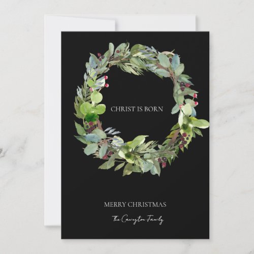 Christ is Born Christmas Greenery Black Christmas Holiday Card