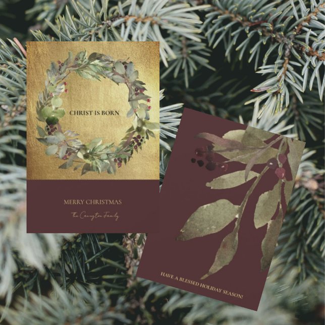 Christ is Born Christmas Greenery Gold Holiday Card (Creator Uploaded)