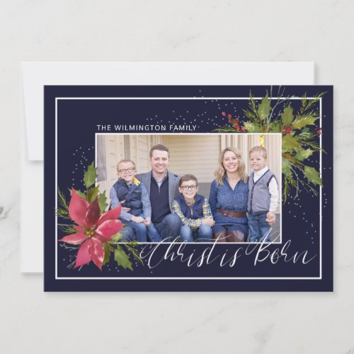 Christ is Born Holly Photo Blue Christmas Holiday Card