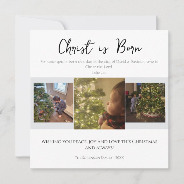 Christ is Born Modern Bible Verse Photo Christmas Holiday Card (Front)