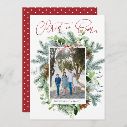 Christ is Born Photo Watercolor Greenery Holiday Card