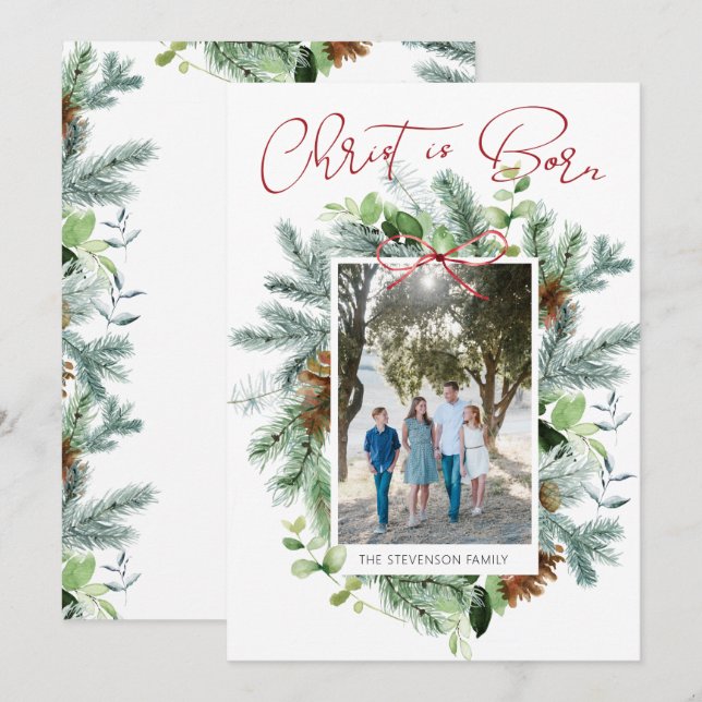 Christ is Born Photo Winter Greenery Holiday Card (Front/Back)