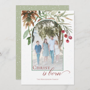 Christ is Born Religious Christmas Greenery Photo Holiday Card