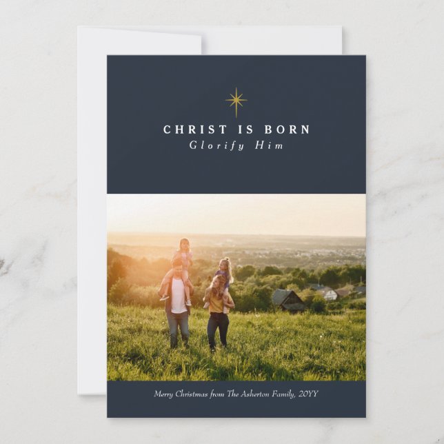 Christ is born religious Christmas photo card (Front)