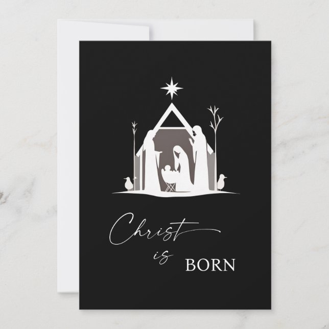 Christ is Born White Nativity Black Christmas  Holiday Card (Front)