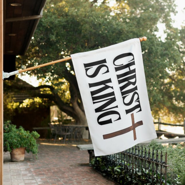 Christ is King | Black Text and Brown Wood Cross  House Flag (In SItu)
