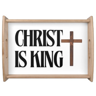 Christ is King | Black Text and Brown Wood Cross Serving Tray