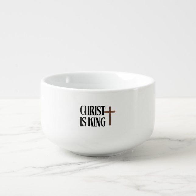 Christ is King | Black Text and Brown Wood Cross  Soup Mug (Front)