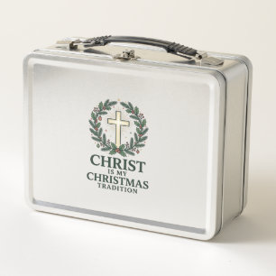 Christ Is My Christmas Tradition Vintage Cross Des Metal Lunch Box