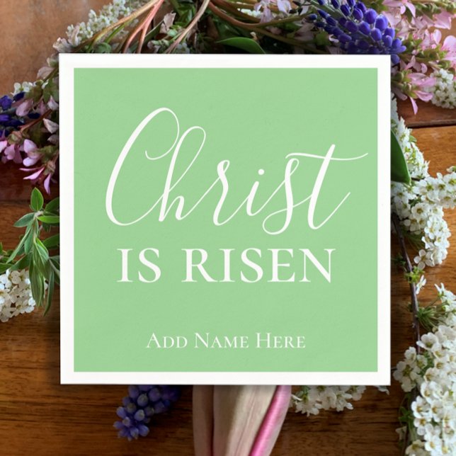 Christ is Risen Custom Green Christian Easter  Napkins (Christ is risen personalized modern script napkins. Christian Easter napkins mint green simple faith)