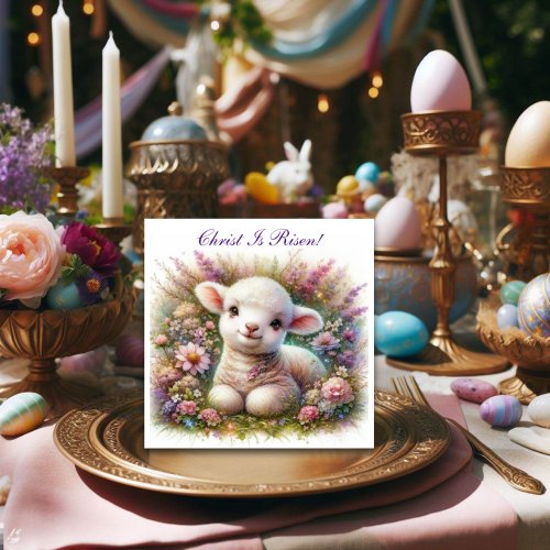 Christ Is Risen Easter Lamb Floral Christian Holiday Card