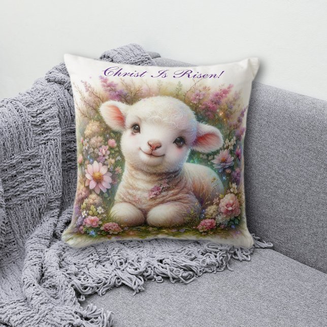Christ Is Risen Easter Lamb Floral Christian Throw Pillow (Creator Uploaded)
