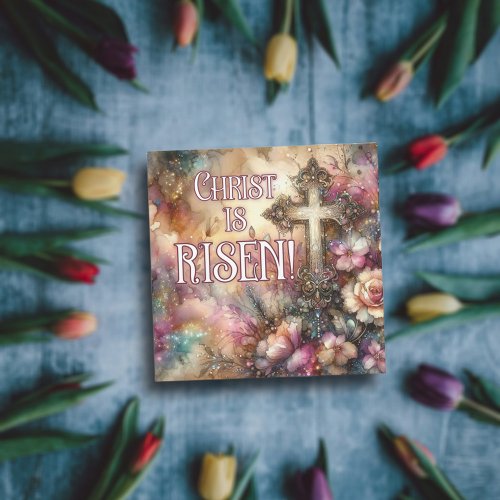 Christ Is Risen Elegant Floral Watercolor Cross Holiday Card