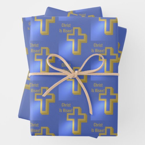 Christ is Risen Pattern Gold Cross Blue Holiday Wrapping Paper Sheets