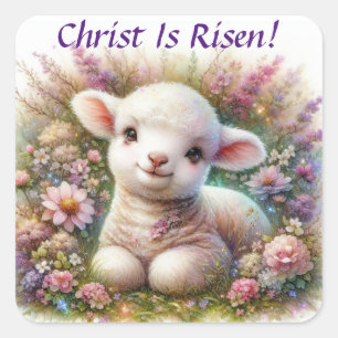 Christ Is Risen Watercolor Easter Lamb Flowers Square Sticker