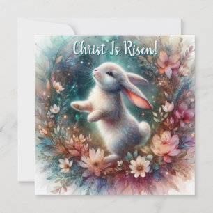Christ Is Risen Watercolor Floral Bunny Easter  Holiday Card