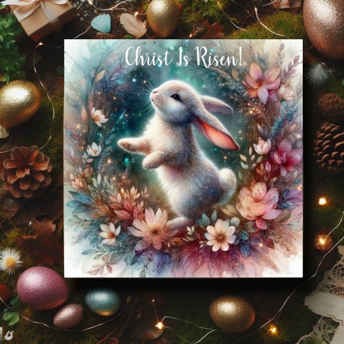 Christ Is Risen Watercolor Floral Bunny Easter  Holiday Card