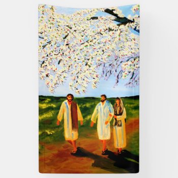 Christ Joins The Two On The Way To Emmaus Banner by AnchorOfTheSoulArt at Zazzle