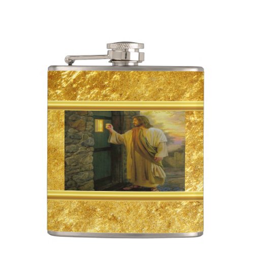 Christ Knocking on a Weathered Wooden Door Gold  Flask
