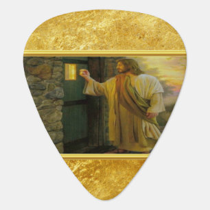 Christ Knocking on a Weathered Wooden Door Gold Guitar Pick