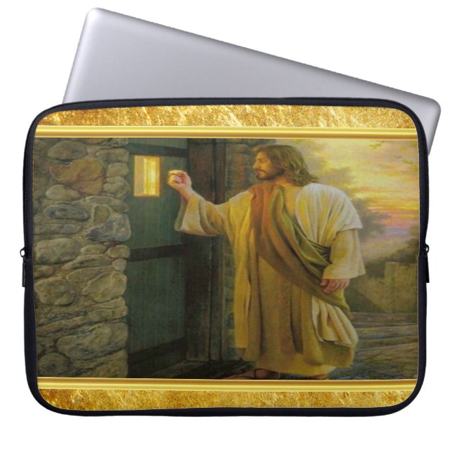 Christ Knocking on a Weathered Wooden Door Gold  Laptop Sleeve (Front)
