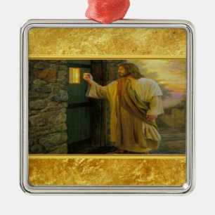 Christ Knocking on a Weathered Wooden Door Gold Metal Ornament