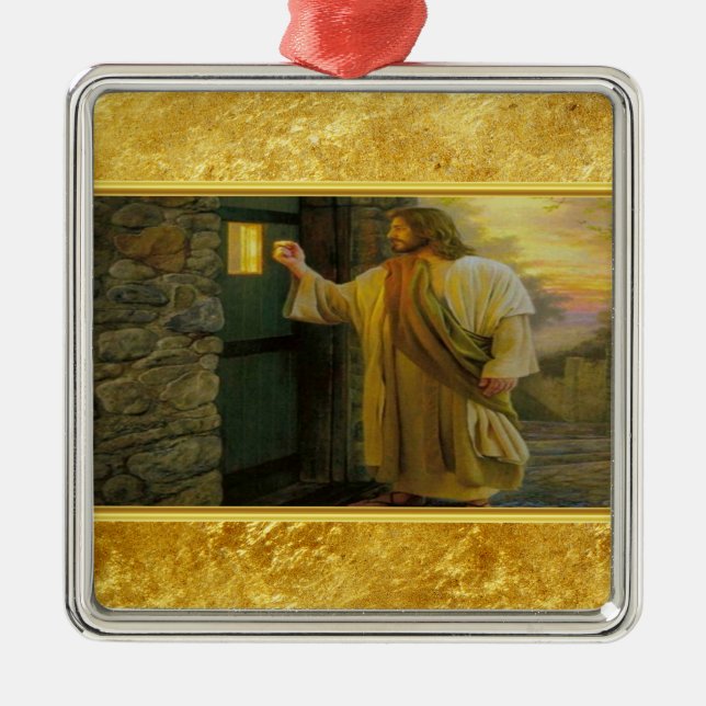 Christ Knocking on a Weathered Wooden Door Gold  Metal Ornament (Front)