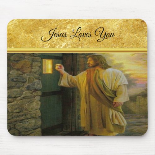 Christ Knocking on a Weathered Wooden Door Gold  Mouse Pad