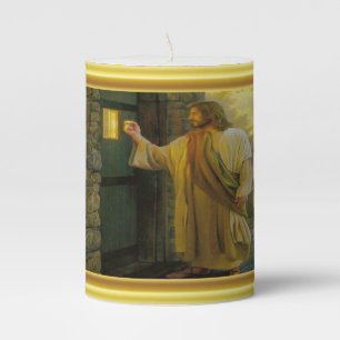 Christ Knocking on a Weathered Wooden Door Gold Pillar Candle