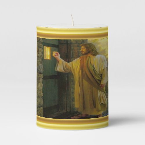 Christ Knocking on a Weathered Wooden Door Gold  Pillar Candle