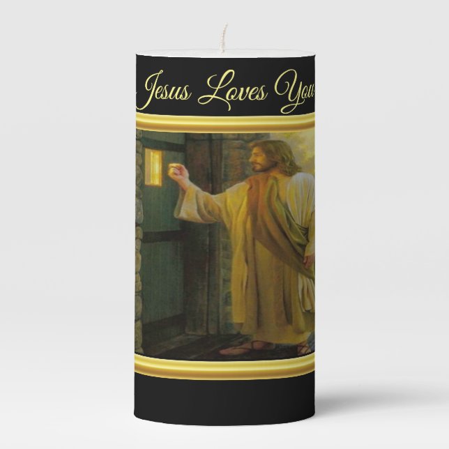 Christ Knocking on a Weathered Wooden Door Gold  Pillar Candle (Front)