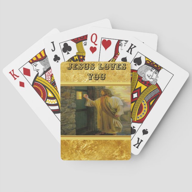 Christ Knocking on a Weathered Wooden Door Gold  Poker Cards (Back)