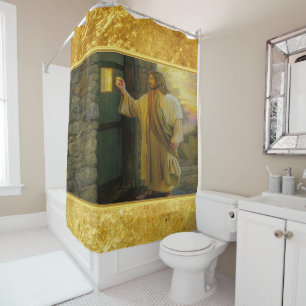 Christ Knocking on a Weathered Wooden Door Gold Shower Curtain