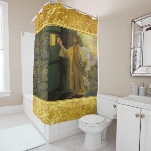 Christ Knocking on a Weathered Wooden Door Gold  Shower Curtain