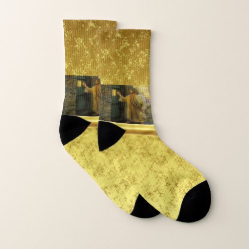 Christ Knocking on a Weathered Wooden Door Gold  Socks