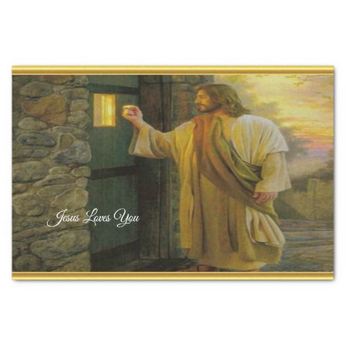   Christ Knocking on a Weathered Wooden Door Gold  Tissue Paper