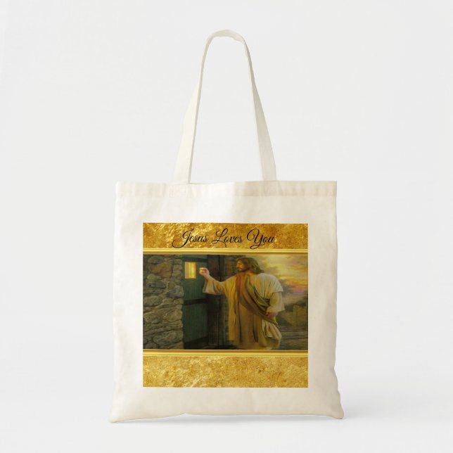 Christ Knocking on a Weathered Wooden Door Gold  Tote Bag (Front)