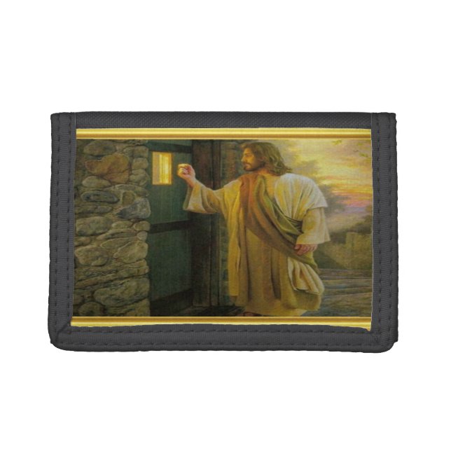 Christ Knocking on a Weathered Wooden Door Gold  Tri-fold Wallet (Front)