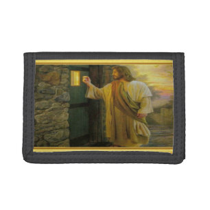 Christ Knocking on a Weathered Wooden Door Gold Trifold Wallet