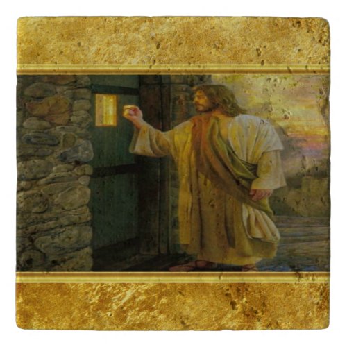 Christ Knocking on a Weathered Wooden Door Gold  Trivet